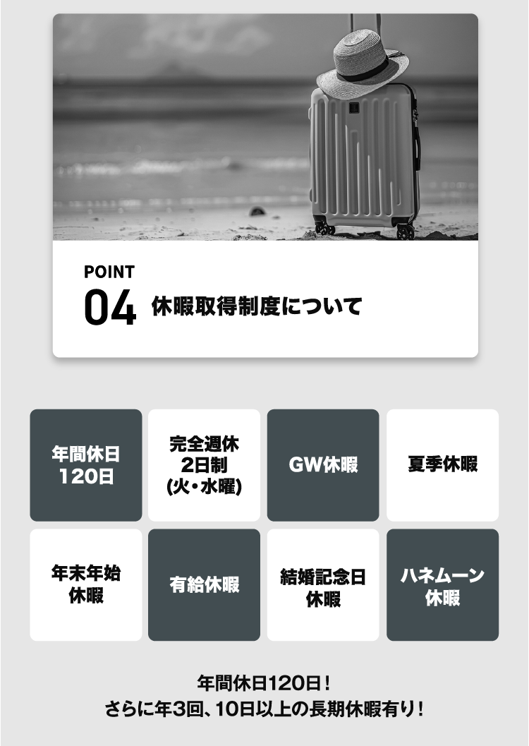 休暇取得制度について　年間休日120日！さらに年3回、10日以上の長期休暇有り！